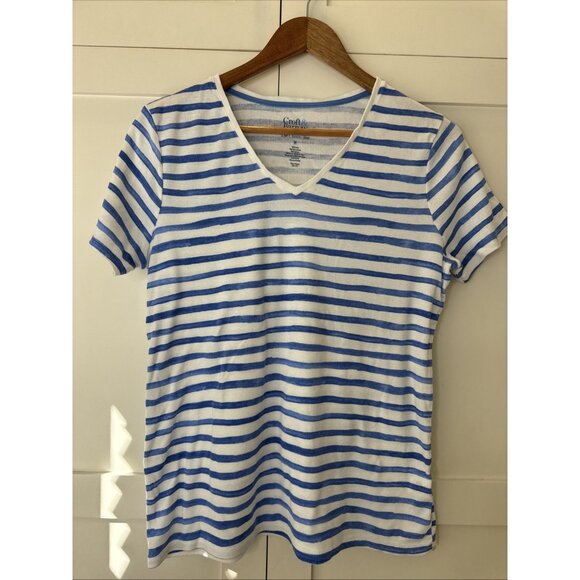 Womens Croft &Barrow V Neck White BLUE Striped Cotton Tee Top Sz M - Picture 1 of 10